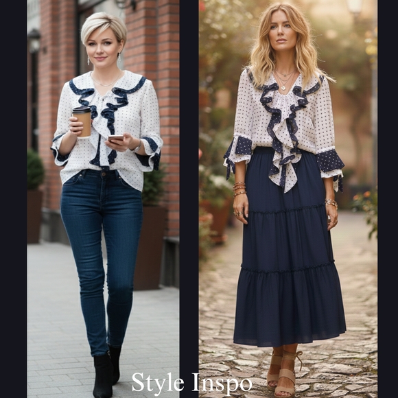 Tops - Elegant Navy And White Ruffle Blouse